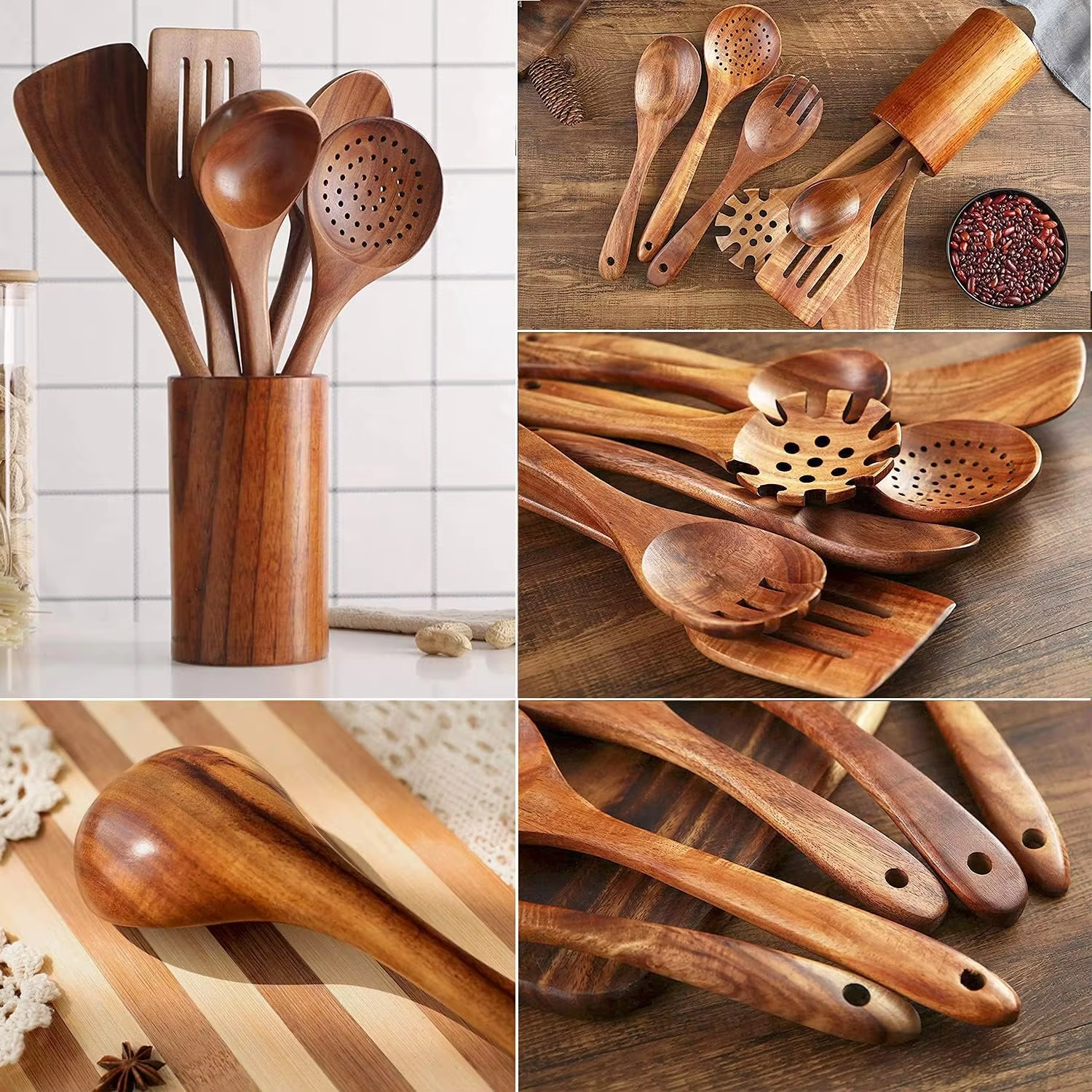 9-piece natural teak kitchenware set - Image 2