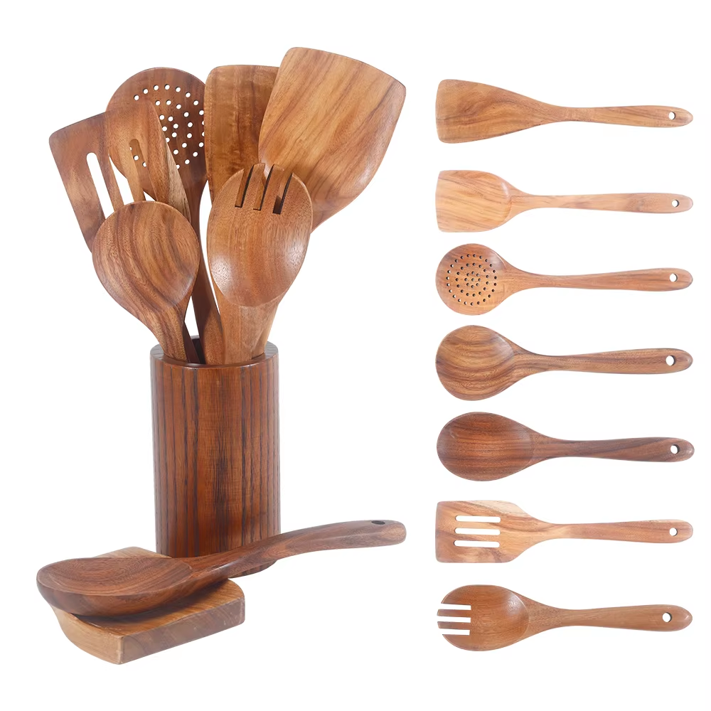 9-piece natural teak kitchenware set - Image 3
