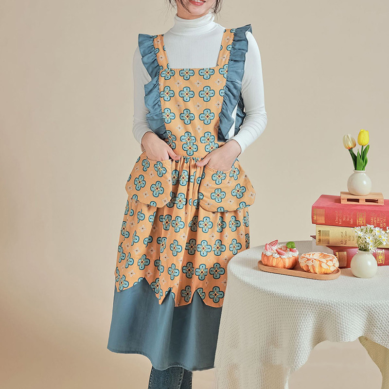Floral Print Princess Ruffle Strap Apron For Women Kitchen