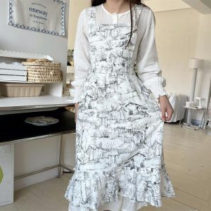 Korean Ink Print Cotton Ruffled Fishtail Full Coverage Bib Apron