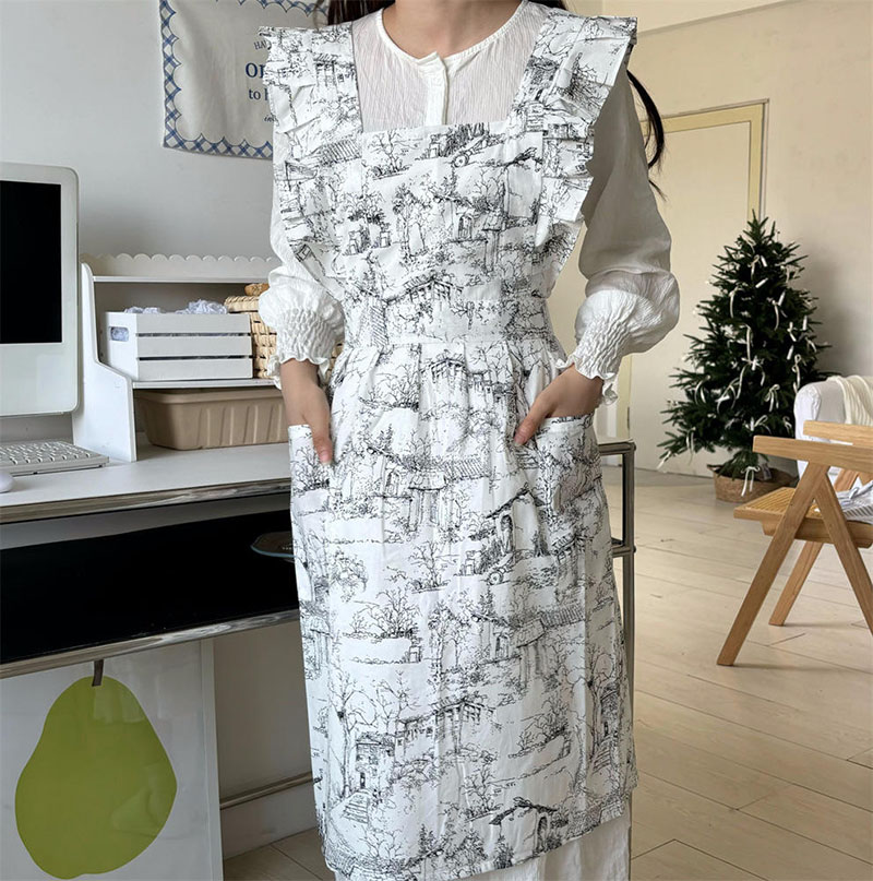 Korean Ink Print Cotton Ruffled Fishtail Full Coverage Bib Apron - Image 2