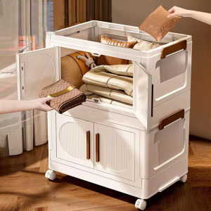 30L Foldable Storage Bins With Doors Wheels Stackable Cabinet