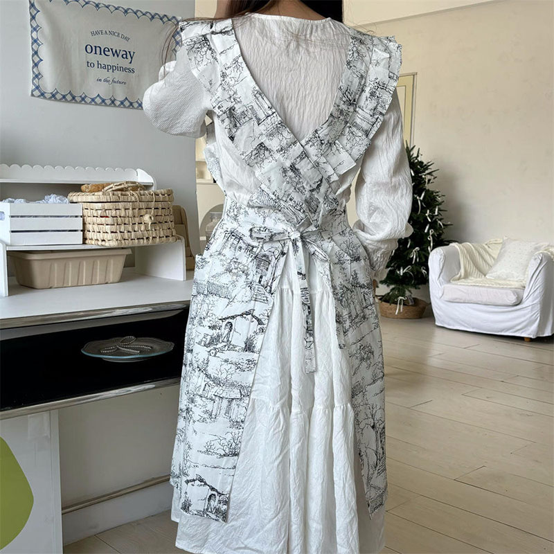 Korean Ink Print Cotton Ruffled Fishtail Full Coverage Bib Apron - Image 4